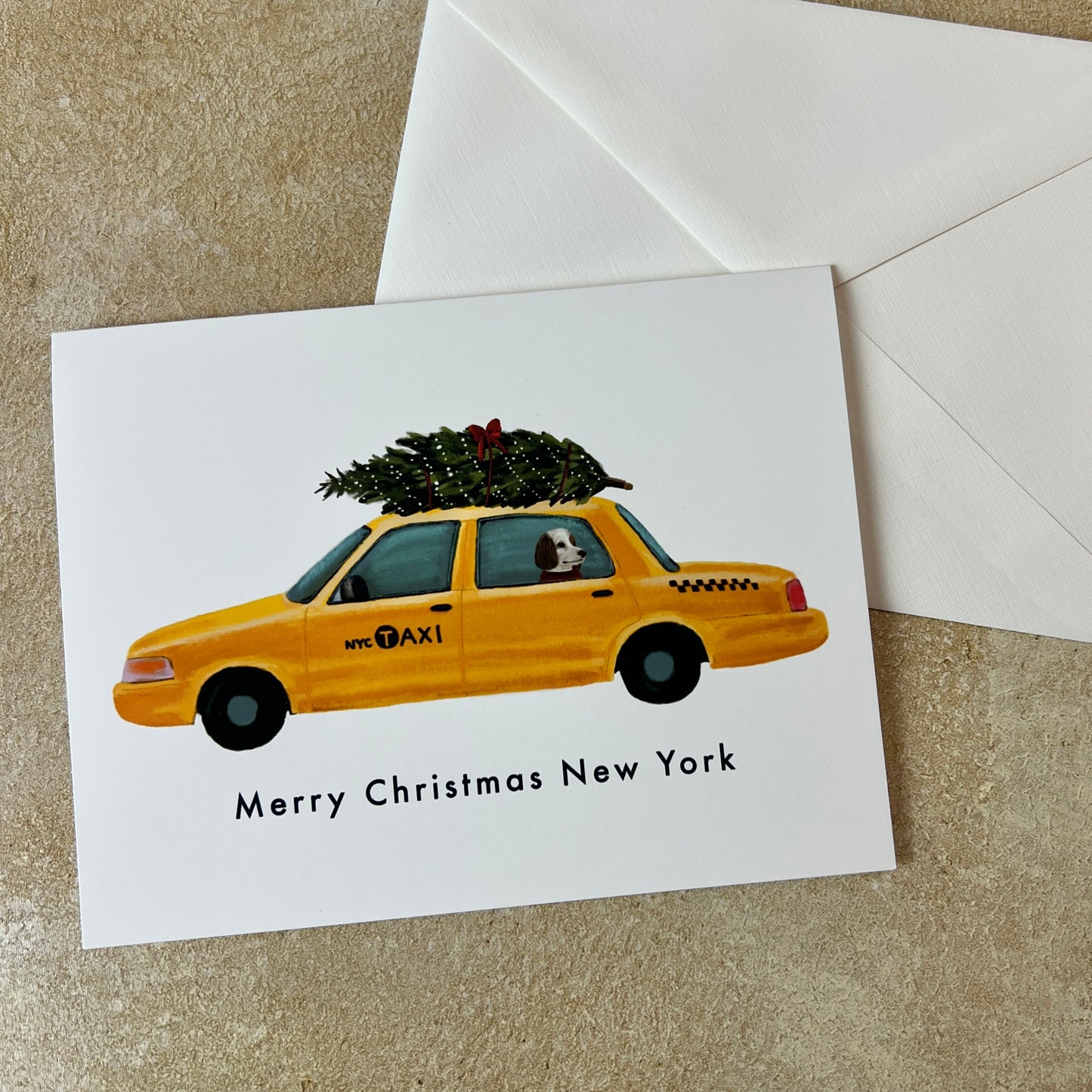 Yellow Cab with Christmas tree Greeting Card