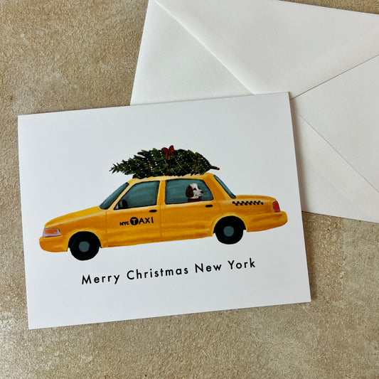 Yellow Cab with Christmas tree Greeting Card